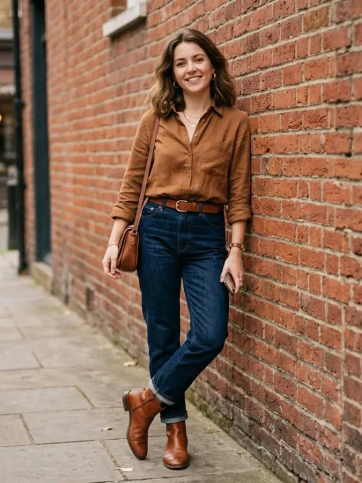 Woman in brown shirt outfit with dark denim and cognac boots leaning against a red brick wall in soft daylight
