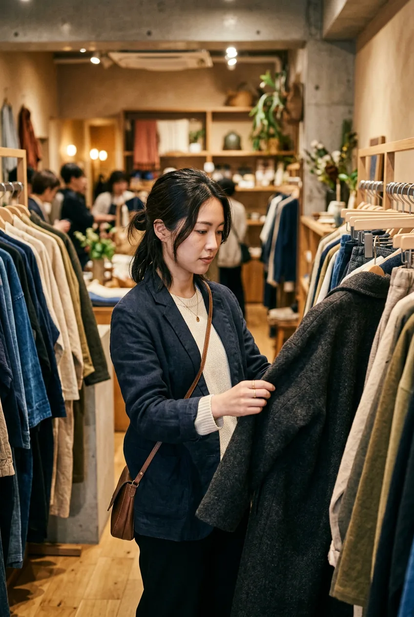 Woman browsing through collection of high-end Japanese fashion pieces focusing on quality craftsmanship