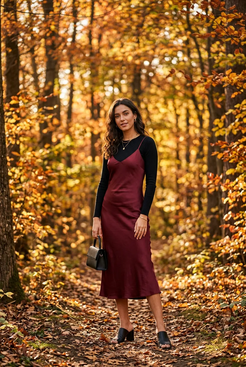 Woman in burgundy slip dress layered over black ribbed long-sleeve with block-heel mules on a golden sunlit forest trail