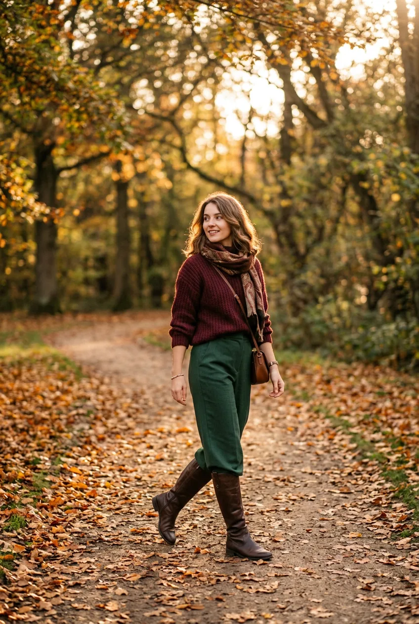 Woman walking through a leaf-covered park path in a burgundy sweater, forest green wide-leg trousers, and knee-high boots