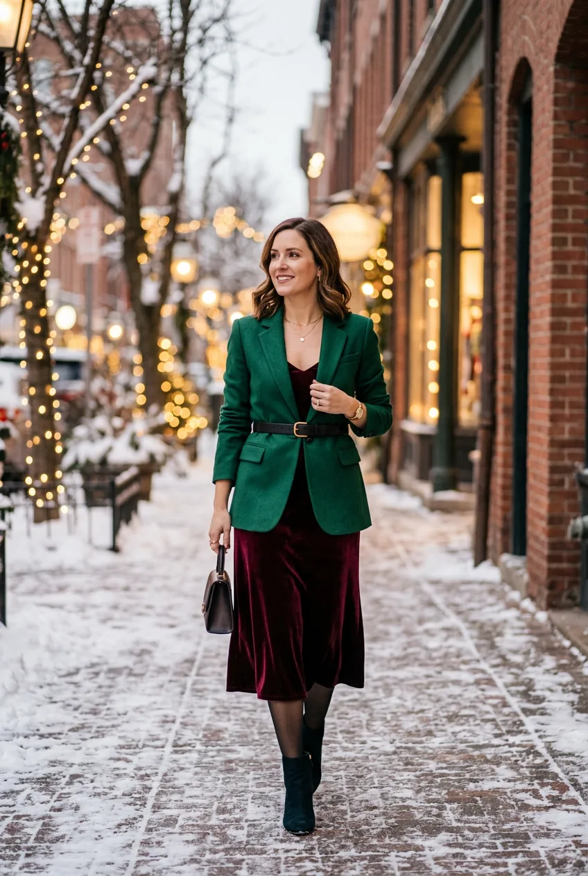 Woman wearing deep burgundy velvet slip dress and emerald blazer belted at waist on winter street