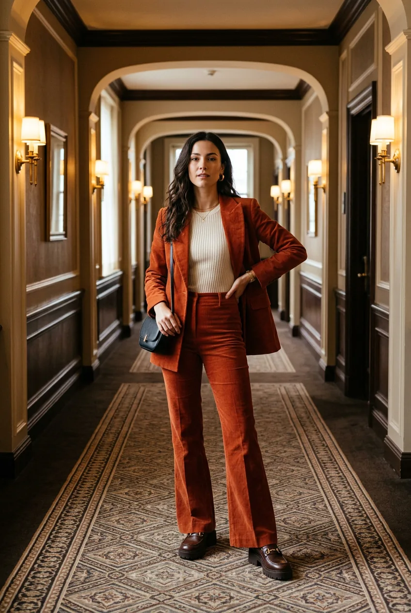 Woman in a wide-lapel burnt-orange flared trouser suit with platform loafers in a hotel corridor with leading-line perspective