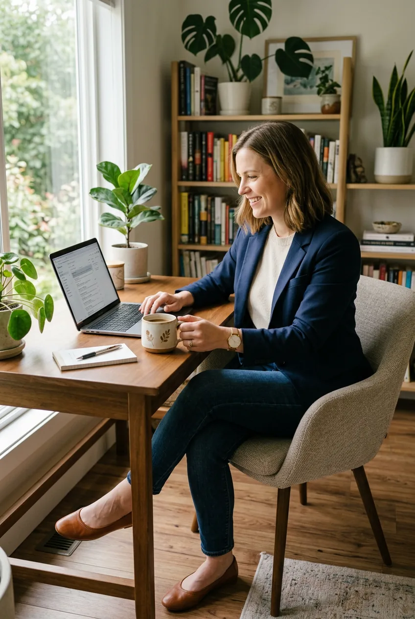 Woman in business blazer showing quality leather flats at home office desk with natural light