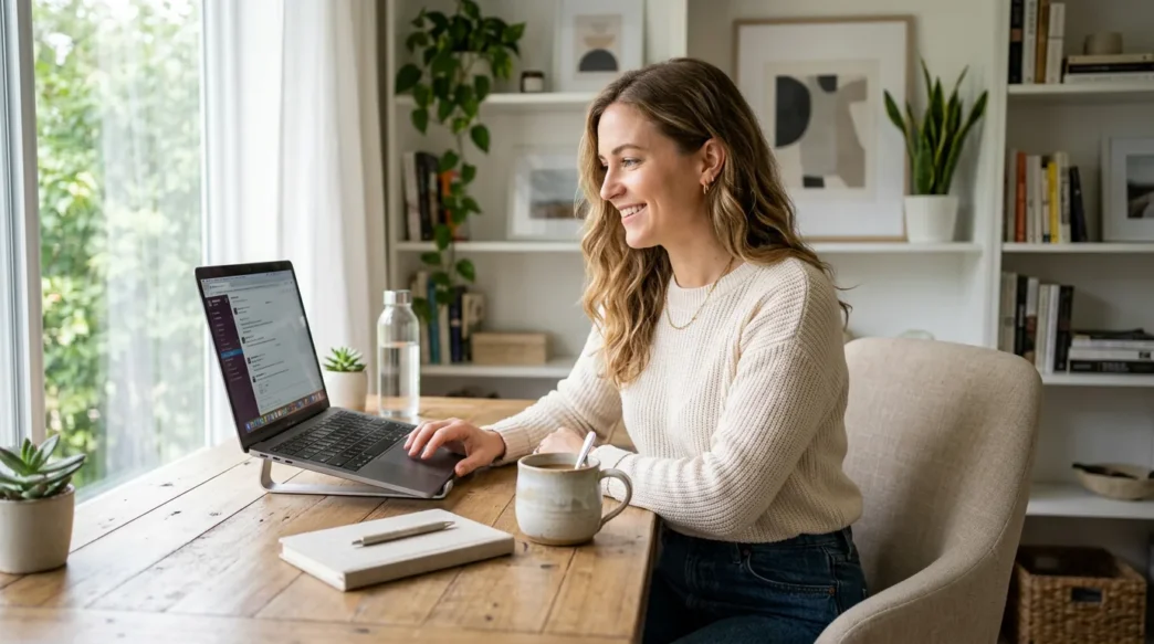 Woman in business professional outfit seated at bright home office desk with laptop and mug