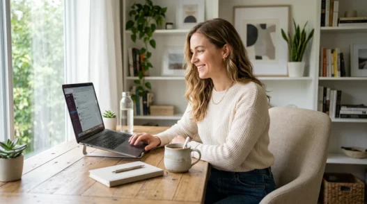 Woman in business professional outfit seated at bright home office desk with laptop and mug