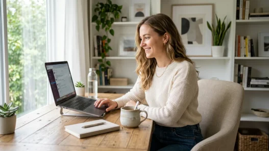 Woman in business professional outfit seated at bright home office desk with laptop and mug