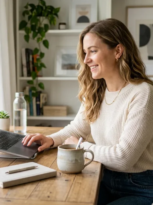 Woman in business professional outfit seated at bright home office desk with laptop and mug
