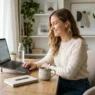Woman in business professional outfit seated at bright home office desk with laptop and mug