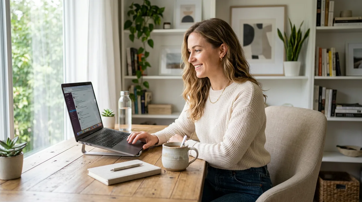 Woman in business professional outfit seated at bright home office desk with laptop and mug