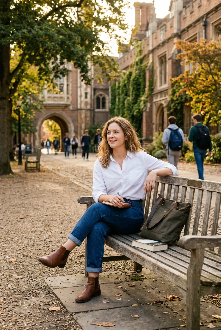 Woman dressed in button-down shirt, jeans and ankle boots sitting on campus bench