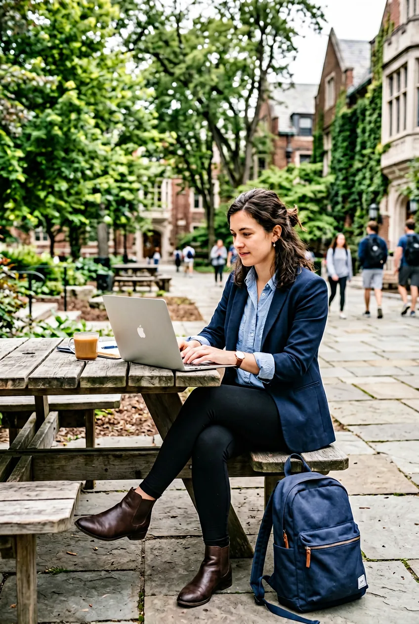 Woman wearing business casual button-down, leggings and blazer at outdoor study table