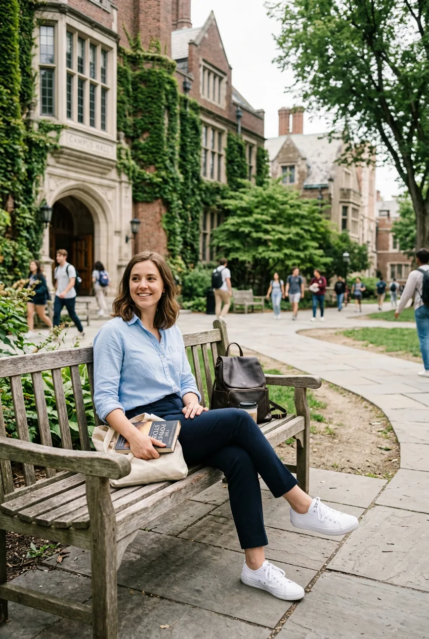 Woman styled in button-down shirt, trousers and sneakers sitting outside academic building