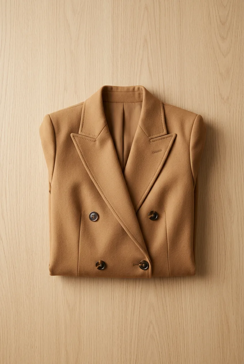 Overhead flat lay of a structured camel double-breasted blazer folded neatly on light wood floor in soft daylight