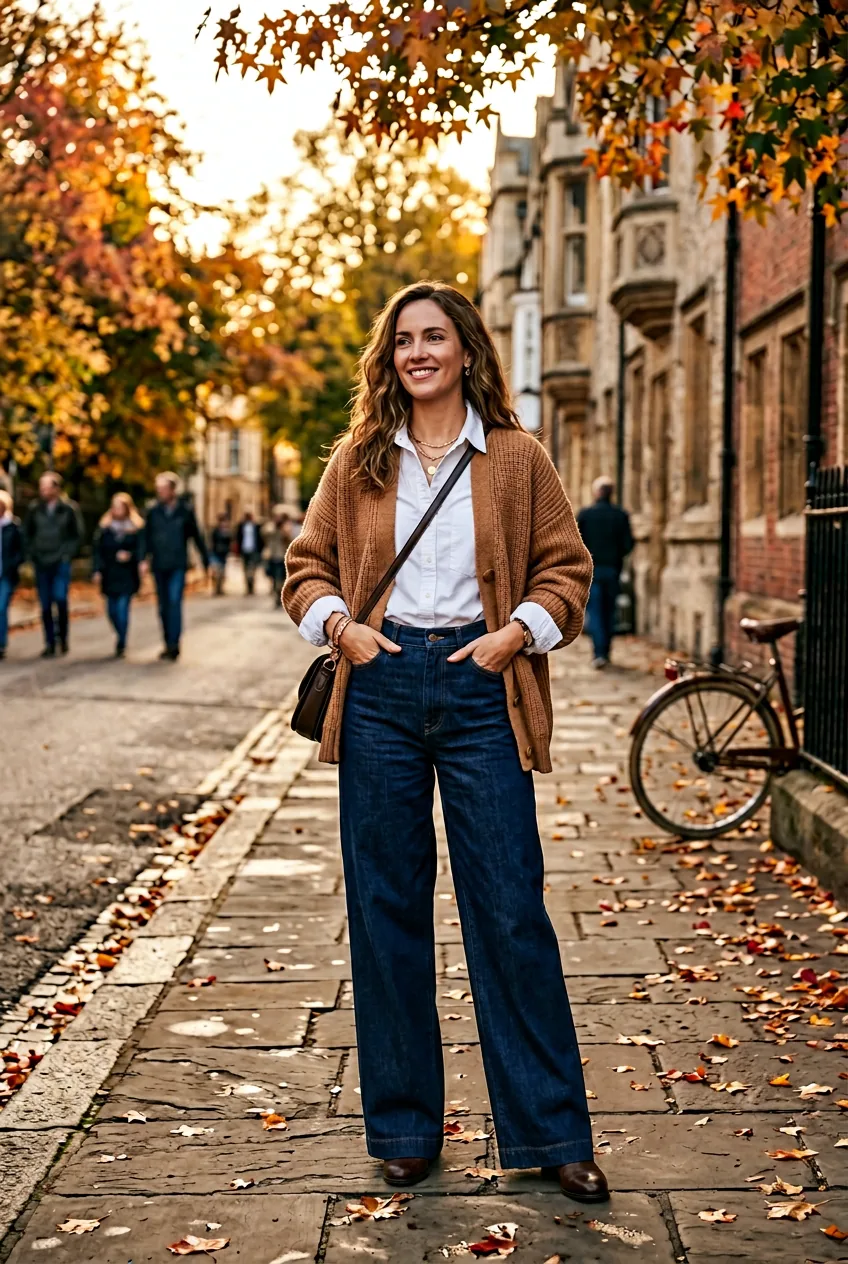 Woman standing on an autumn street in an oversized camel cardigan layered over a white Oxford shirt with wide-leg jeans and knee-high boots
