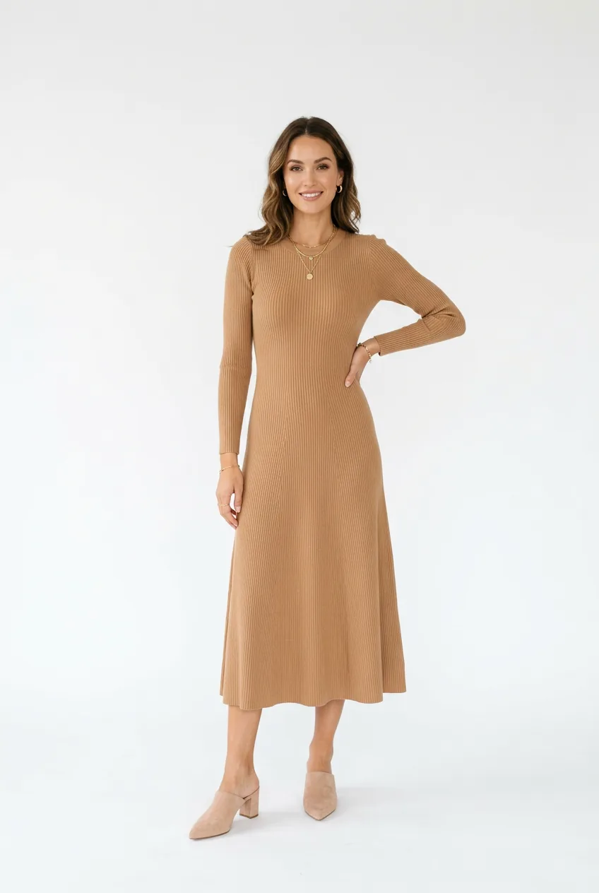 Woman in camel-colored ribbed knit midi dress accessorized with delicate gold jewelry
