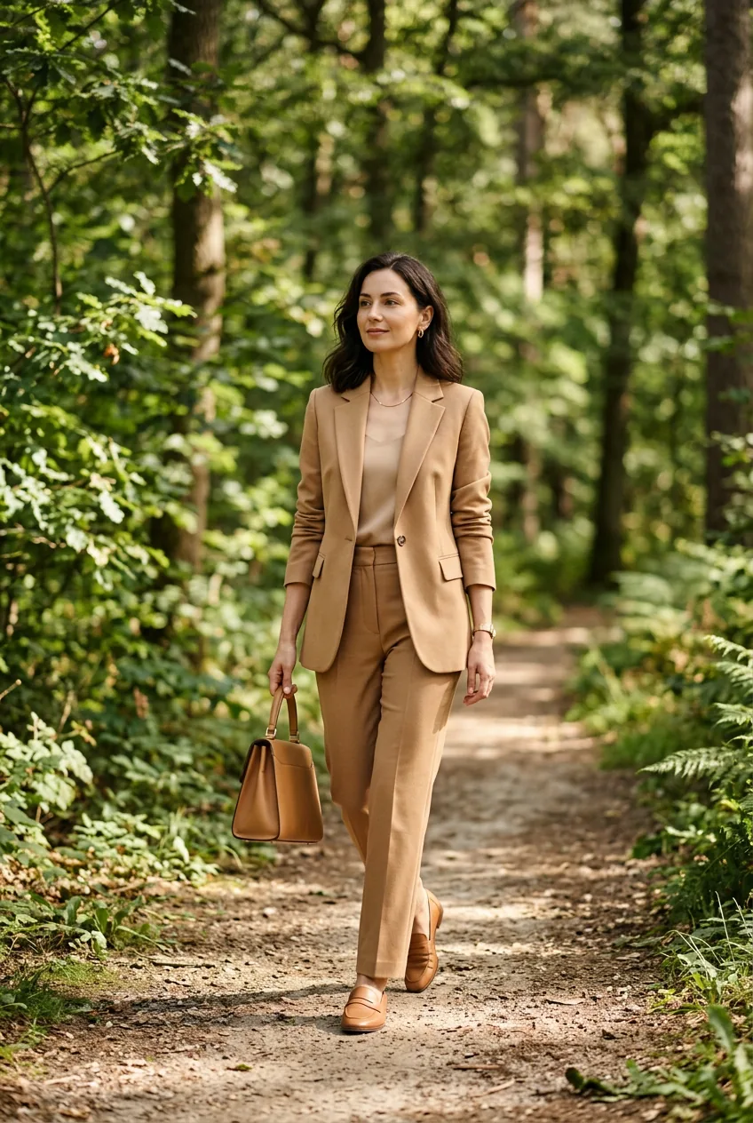 Woman in camel matching blazer and straight-leg trouser set with structured bag on a clean sunlit forest walkway