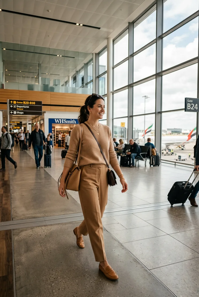 Woman in monochromatic camel cashmere sweater and tailored trousers walking through airport concourse