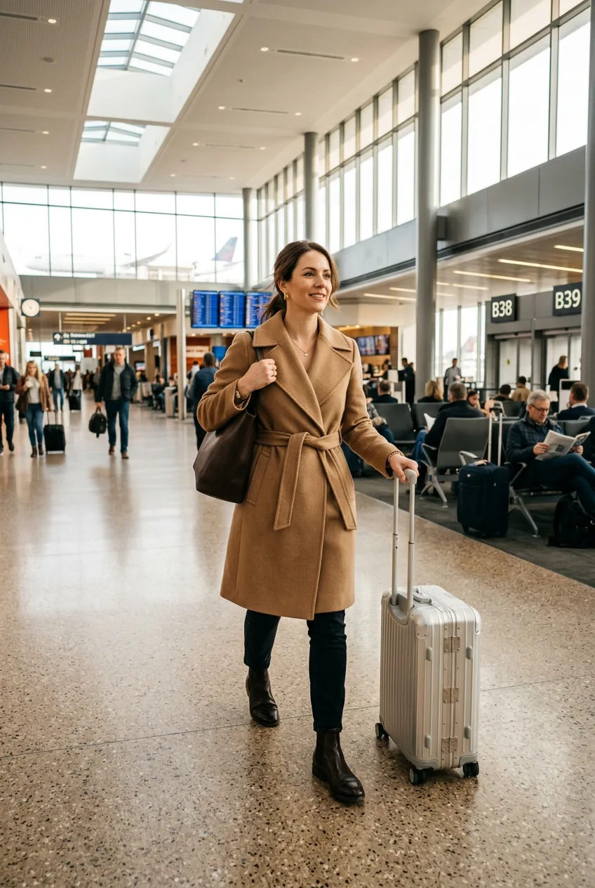 Woman in belted camel wrap coat and chelsea boots pulling carry-on through modern departure hall