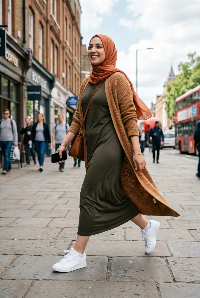 Woman mid-stride on city pavement in caramel longline cardigan over jersey dress with terracotta hijab and white sneakers