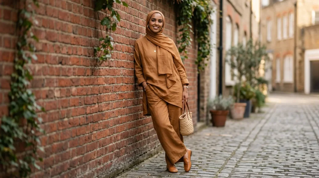 Woman in matching caramel linen wide-leg trousers and longline top with coordinating hijab leaning against red brick wall