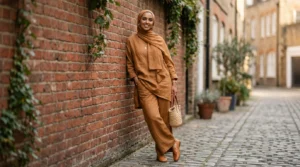 Woman in matching caramel linen wide-leg trousers and longline top with coordinating hijab leaning against red brick wall
