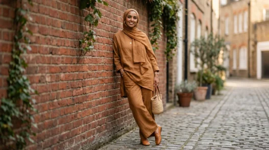 Woman in matching caramel linen wide-leg trousers and longline top with coordinating hijab leaning against red brick wall