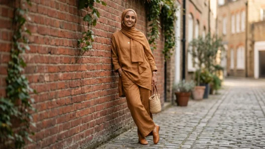 Woman in matching caramel linen wide-leg trousers and longline top with coordinating hijab leaning against red brick wall