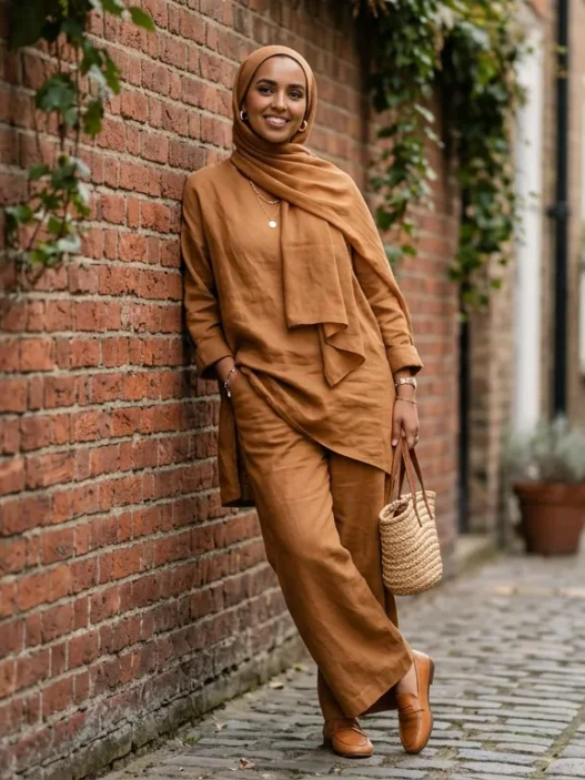 Woman in matching caramel linen wide-leg trousers and longline top with coordinating hijab leaning against red brick wall