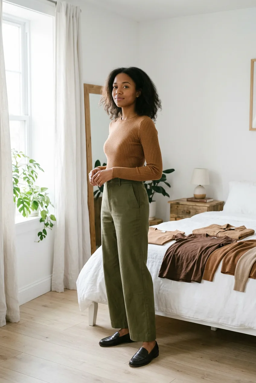 Woman wearing caramel ribbed long-sleeve tucked into wide-leg olive trousers standing in a bright bedroom