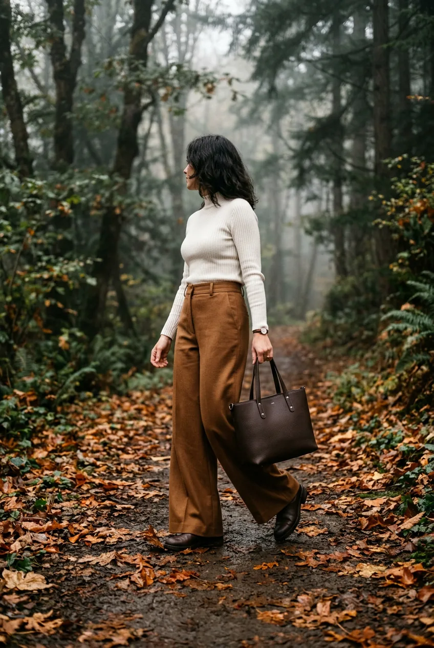 Woman wearing tobacco-brown wide-leg trousers and ivory ribbed mock-neck with structured tote on a misty forest trail