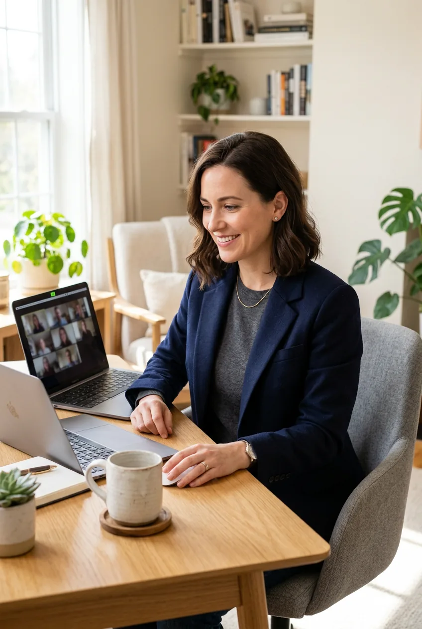 Woman in navy blazer over thin cashmere sweater at bright home office desk demonstrating layered corporate look