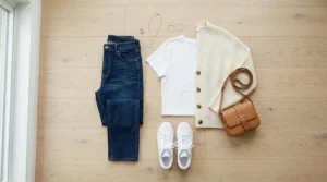 Overhead view of basic casual outfit with dark jeans, white tee, cream cardigan and white sneakers on wood floor