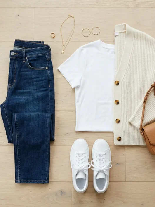 Overhead view of basic casual outfit with dark jeans, white tee, cream cardigan and white sneakers on wood floor