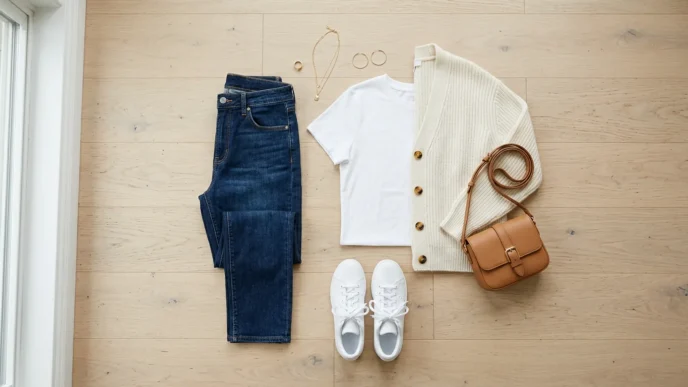 Overhead view of basic casual outfit with dark jeans, white tee, cream cardigan and white sneakers on wood floor