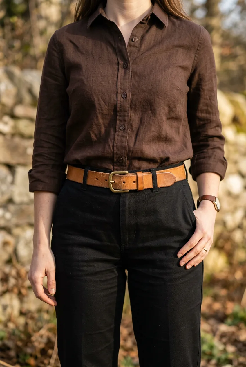 Close editorial detail of dark chocolate brown shirt with black trousers and tan leather belt in warm light