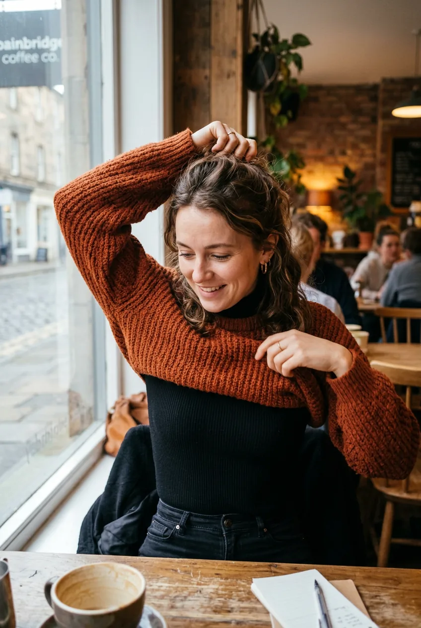 Woman in a coffee shop removing a chunky rust-orange knit to reveal a fitted turtleneck underneath, natural window light