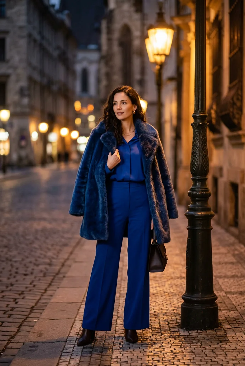 Woman in cobalt wide-leg trousers with faux-fur coat over shoulders under winter street lamp