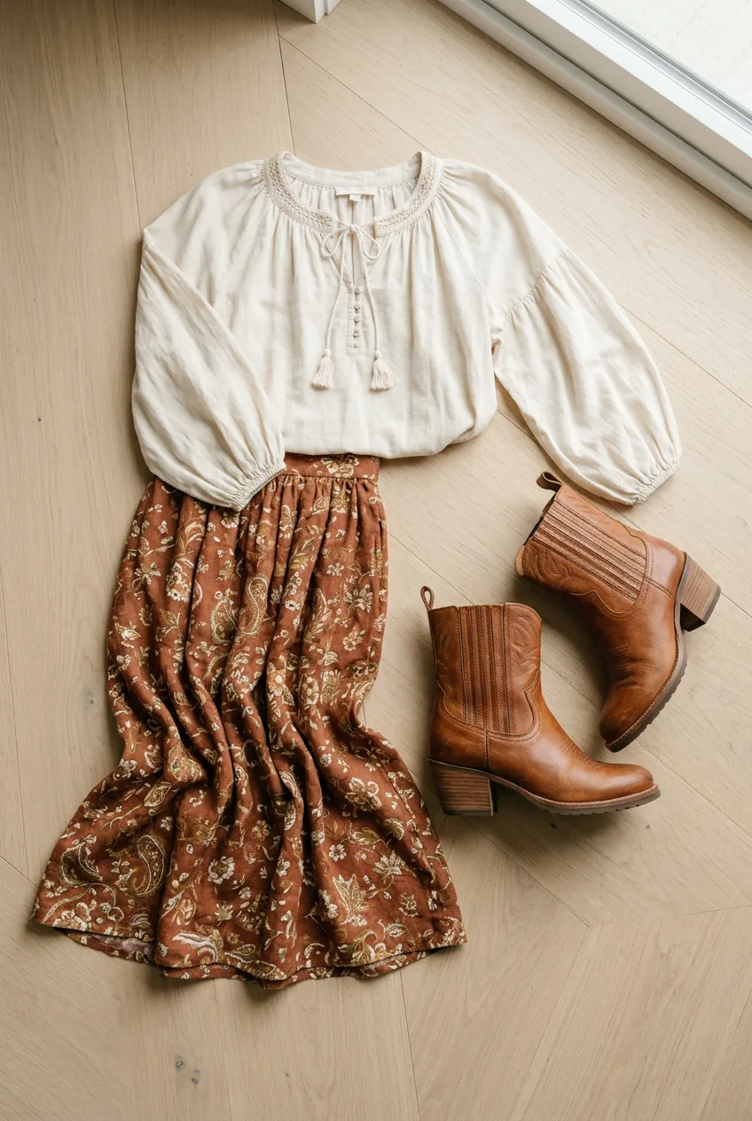 Cognac leather ankle boots with western details placed beside flowing midi skirt showing proportional balance
