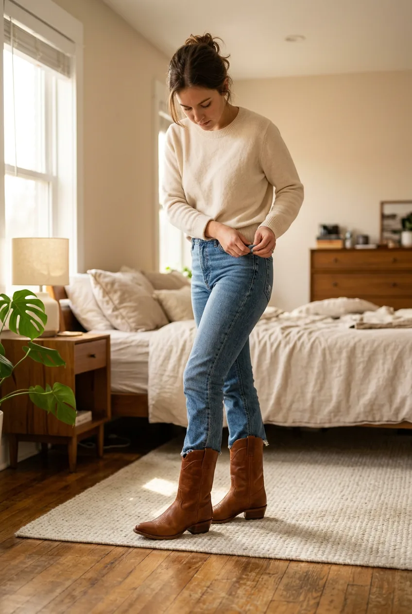 Woman showing cognac brown cowboy boots with subtle stitching anchoring a mid-wash straight-leg denim look