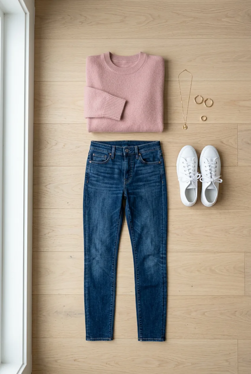 Flatlay showing comfortable baseline casual outfit with fitted jeans, pink sweater and canvas sneakers