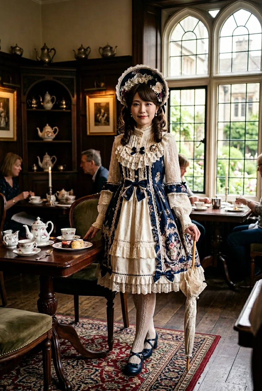 Woman confidently wearing classic lolita coordinate in elegant tea room setting with perfect proportions