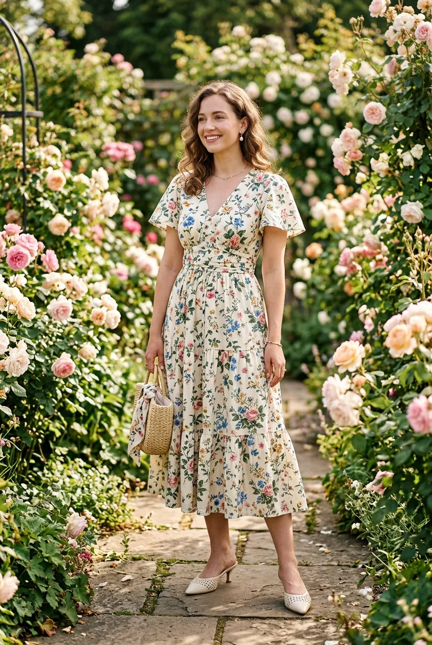 Woman in cotton floral midi dress with flutter sleeves and kitten heels standing in sunlit garden with roses