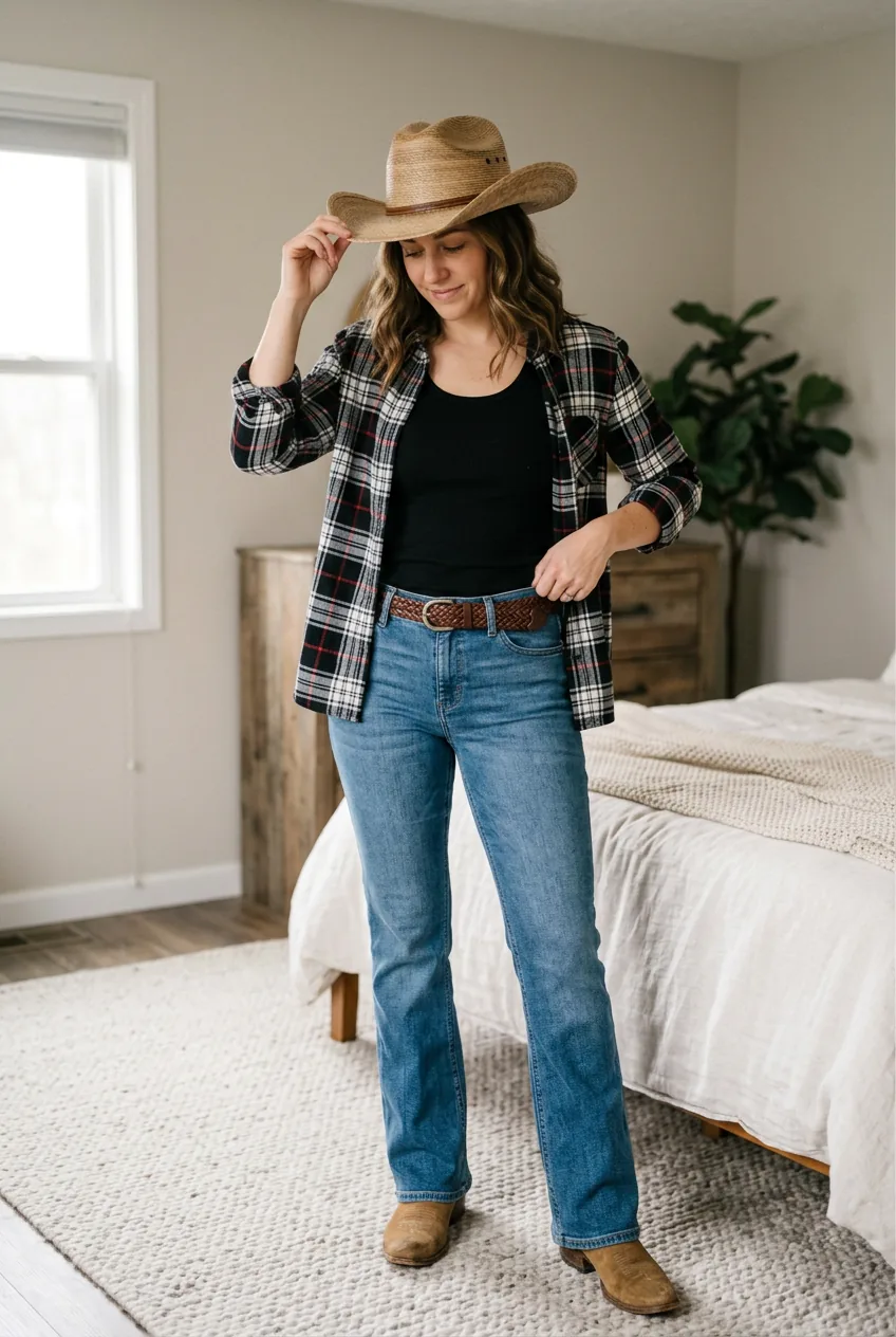 Woman in polished cowgirl outfit with black tank open plaid flannel braided belt bootcut jeans and straw hat smiling