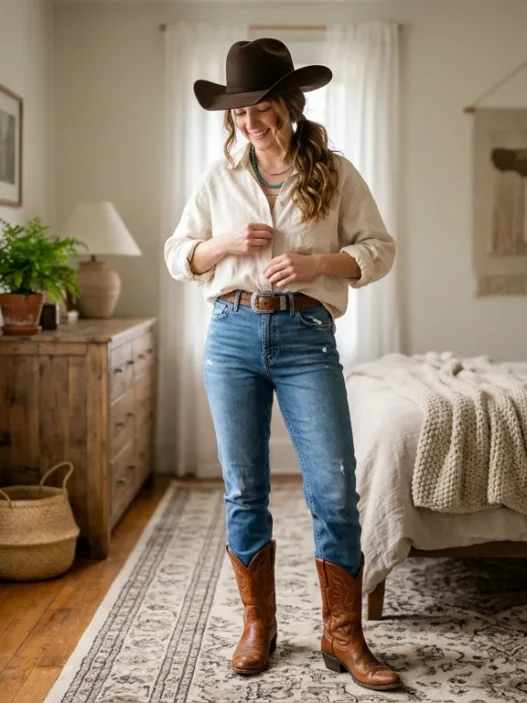 Woman standing in softly lit bedroom wearing full cowgirl-inspired outfit with cognac boots and cream linen shirt