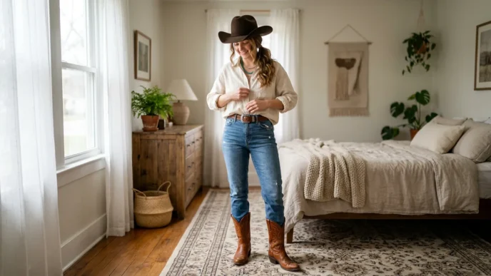 Woman standing in softly lit bedroom wearing full cowgirl-inspired outfit with cognac boots and cream linen shirt