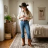 Woman standing in softly lit bedroom wearing full cowgirl-inspired outfit with cognac boots and cream linen shirt