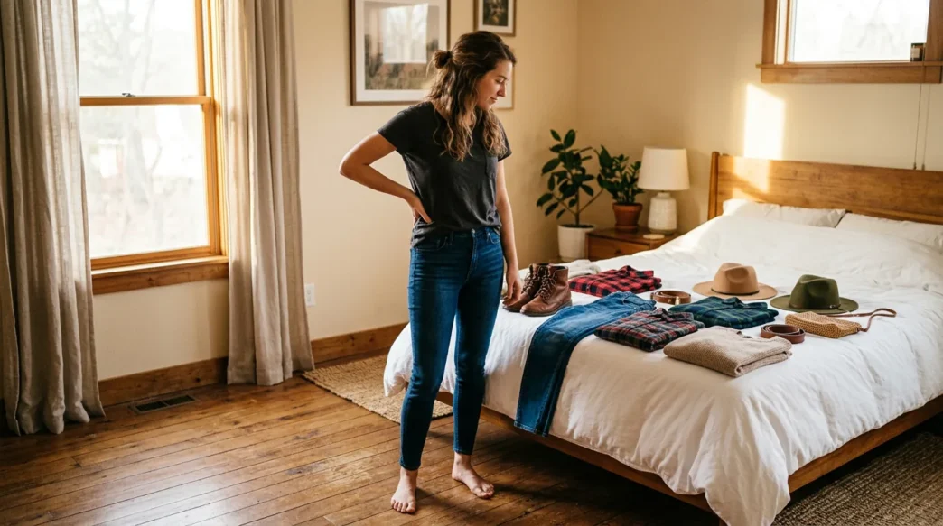 Woman standing in softly lit bedroom surveying cowgirl outfit pieces laid out on bed including boots denim flannel and hats