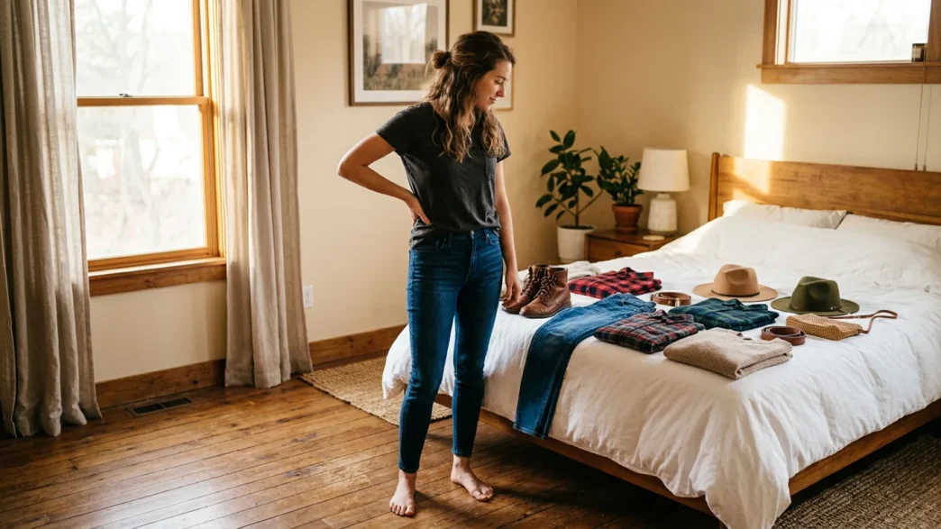 Woman standing in softly lit bedroom surveying cowgirl outfit pieces laid out on bed including boots denim flannel and hats