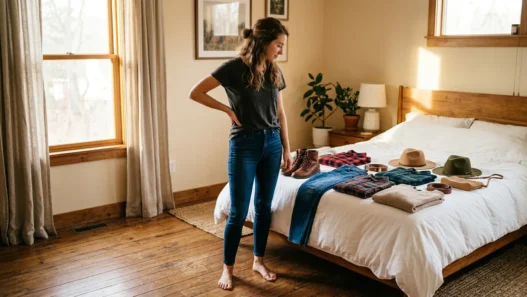 Woman standing in softly lit bedroom surveying cowgirl outfit pieces laid out on bed including boots denim flannel and hats