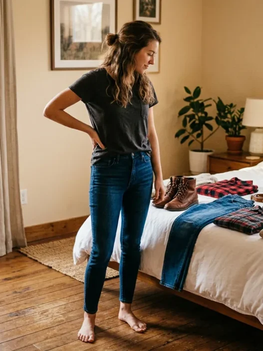 Woman standing in softly lit bedroom surveying cowgirl outfit pieces laid out on bed including boots denim flannel and hats